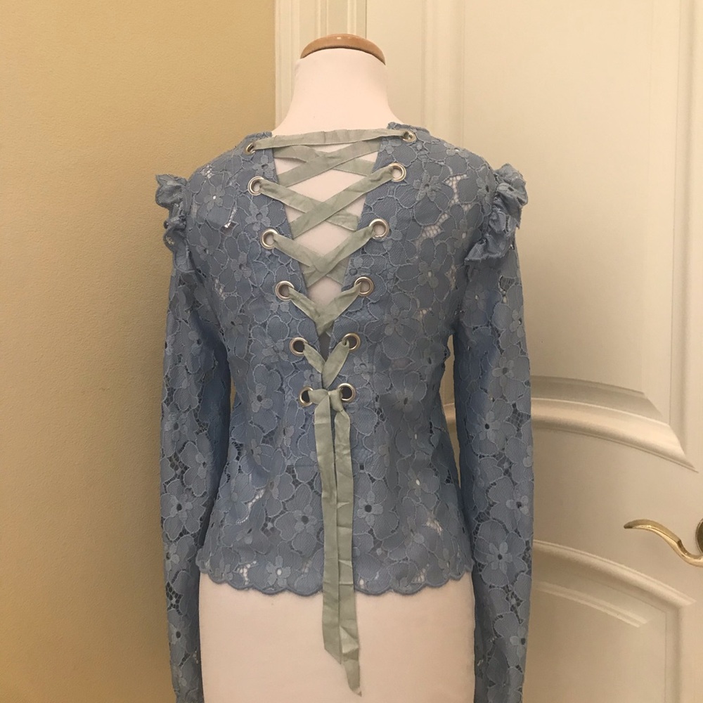 NWT HM Divided blue lace top with lace up back